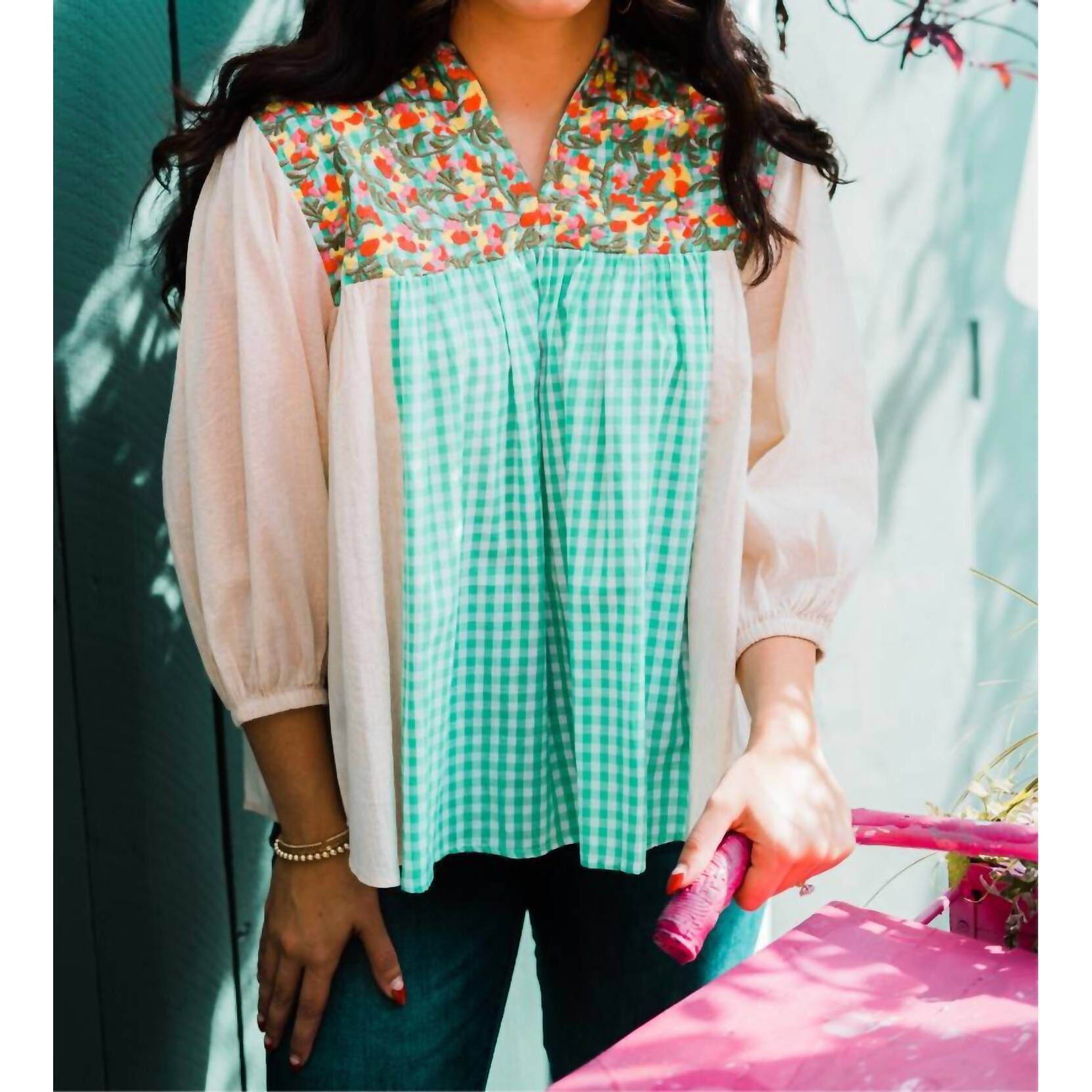 New Layerz Clothing Floral Gingham Embroidered Top In Green Multi